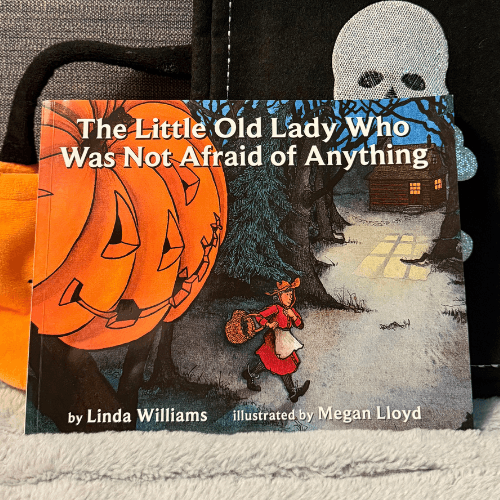 Illustrated cover of The Little Old Lady Who Was Not Afraid of Anything with a pumpkin head and scarecrow clothes